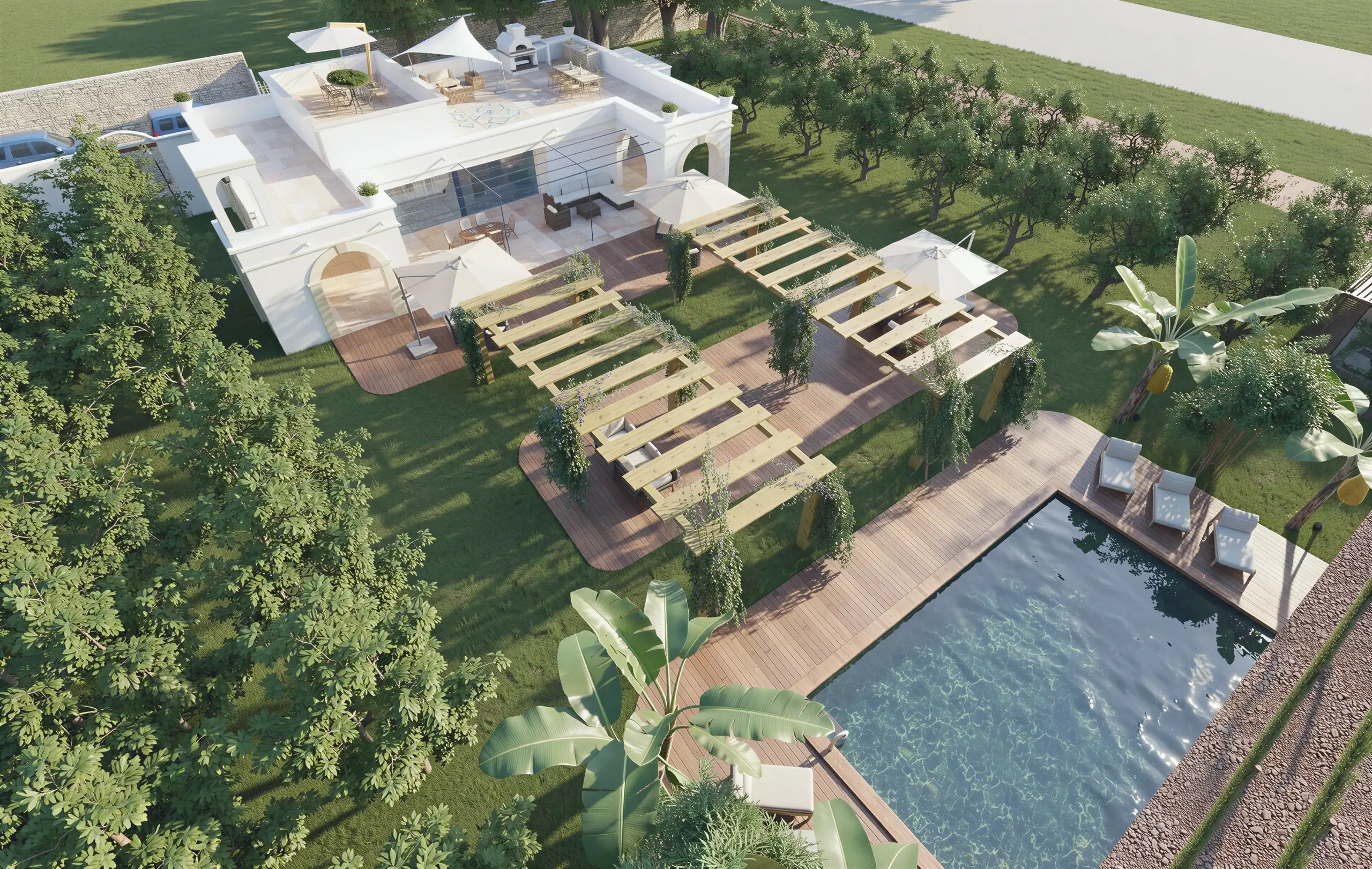 The Estate · Aerial — Villa, pool & pergolas